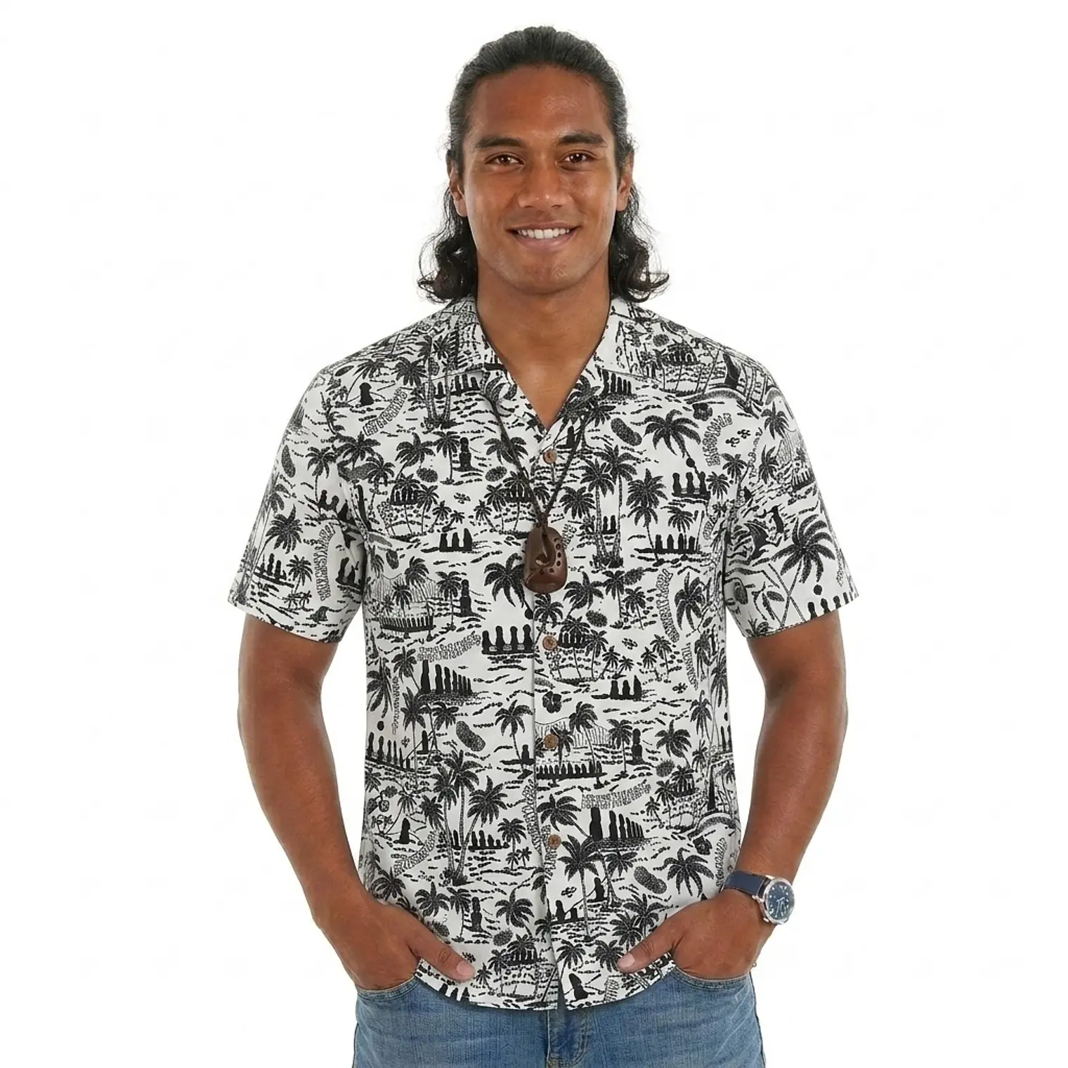 Camisa Polinesica diseño Anakena blanco con negro 1