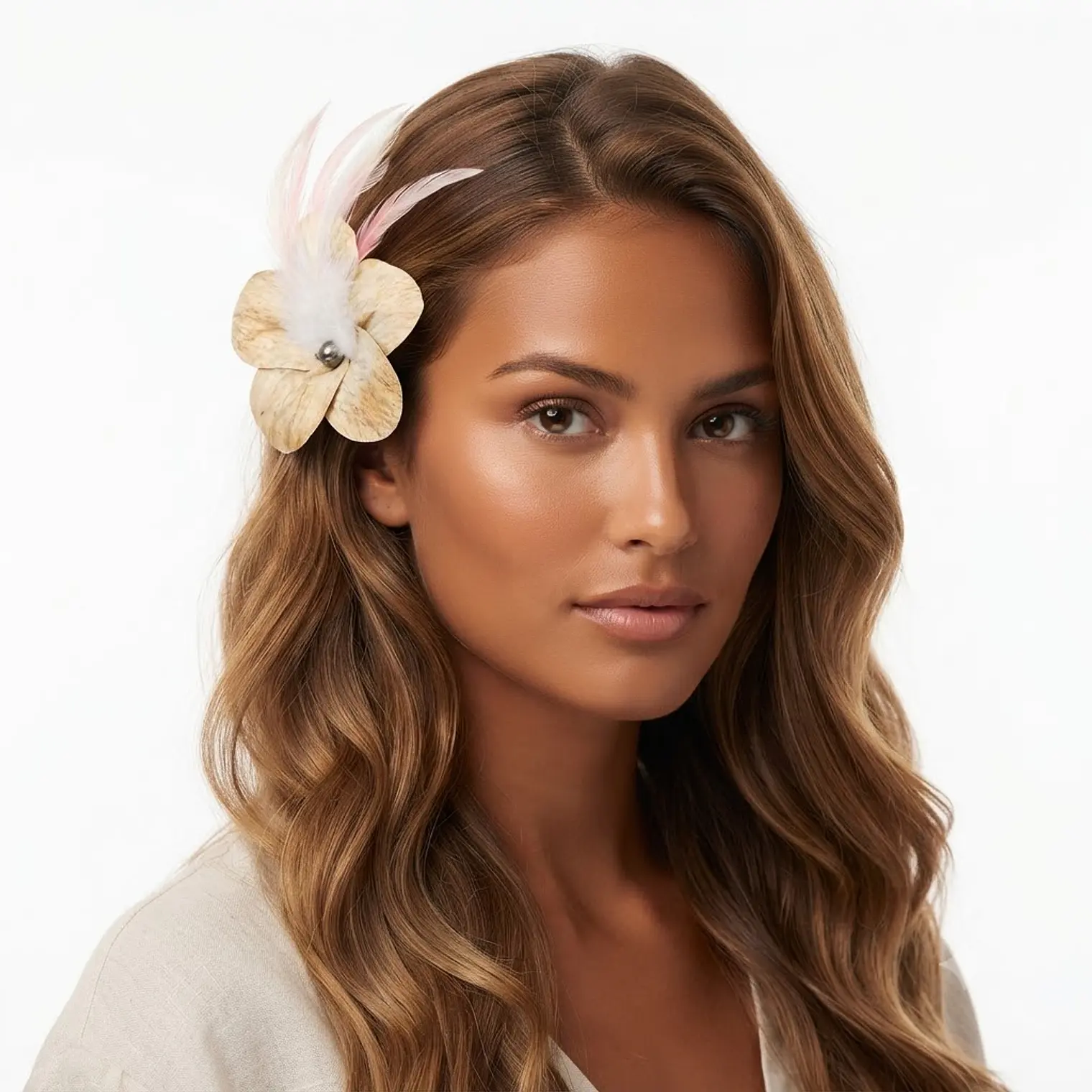 Flor de mahute Con Perla Y Plumas blancas Para El Cabello 2