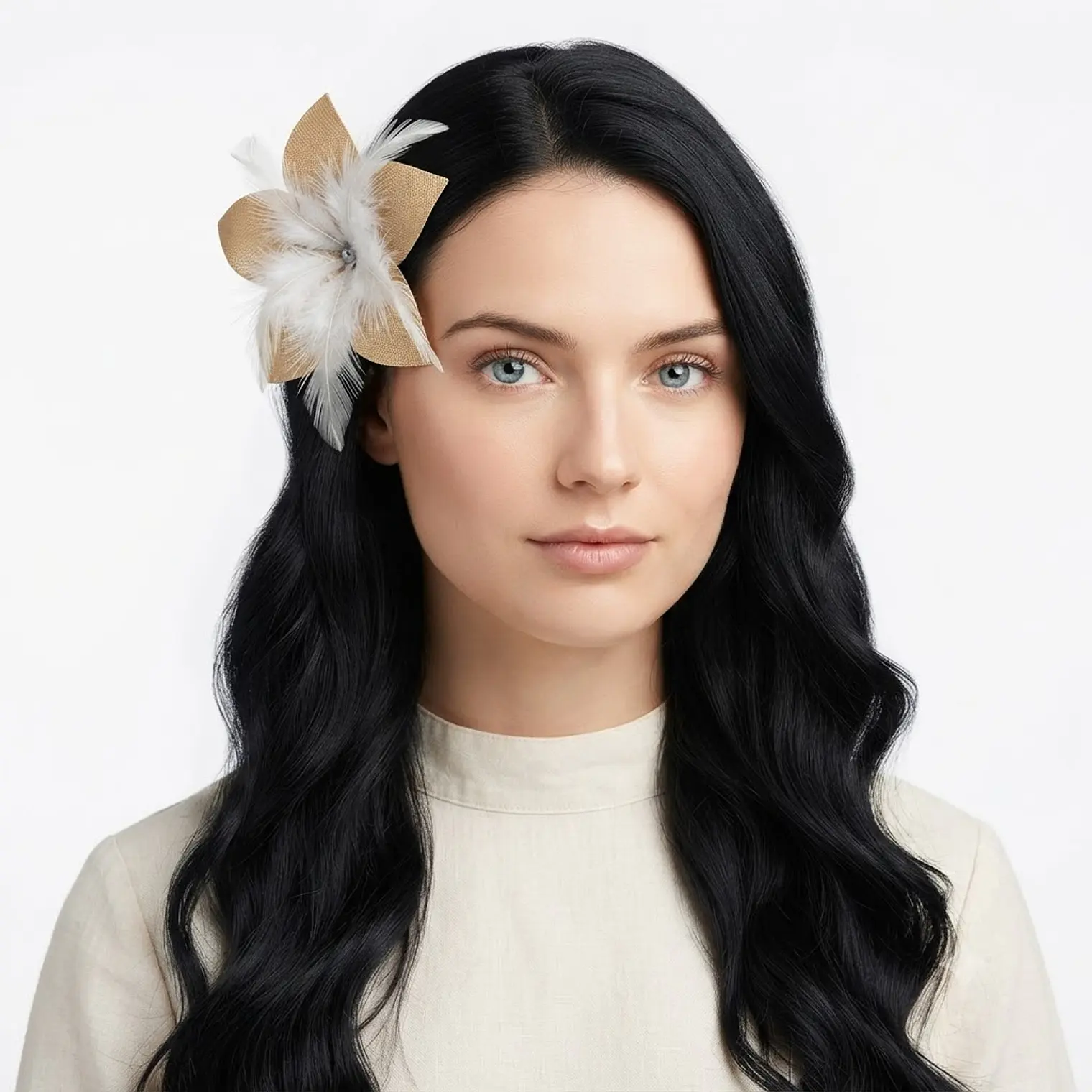 Flor Pandanus 5 petalos Con Perla Y Plumas Para El Cabello 2