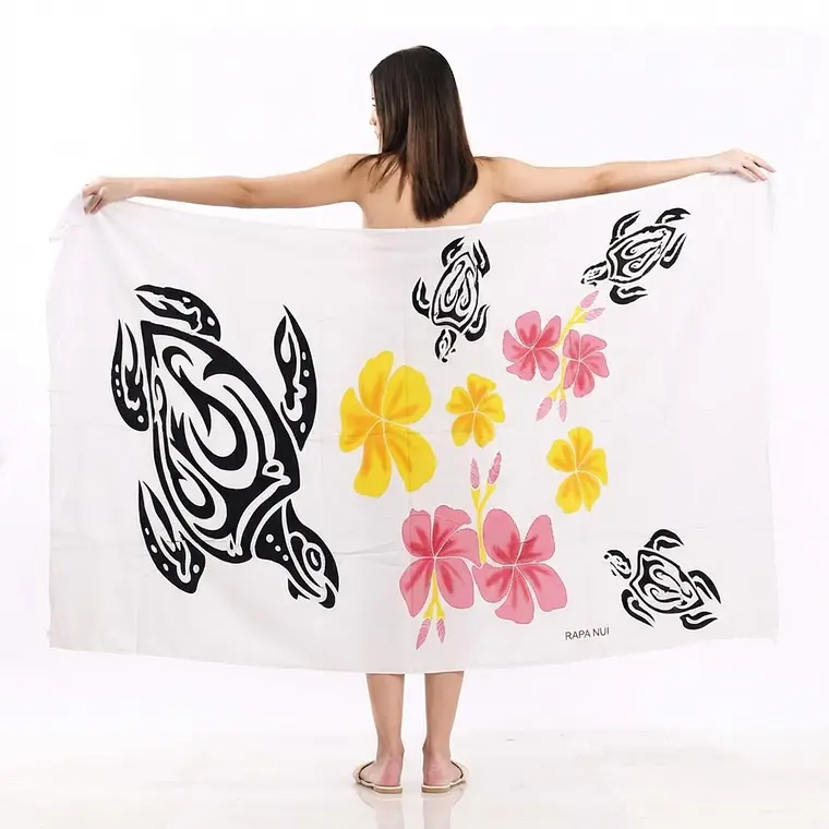 Pareo Blanco L con Tortugas flor amarillo rosado 1,70x1,15mts 1