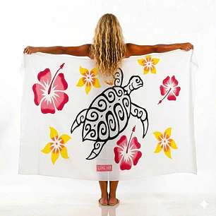 Pareo Blanco L con Tortuga Hibisco fucsia 1,70x1,15mts