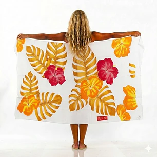 Pareo Blanco L con 2 Hibiscos fucsia hojas café 1,70x1,15mts