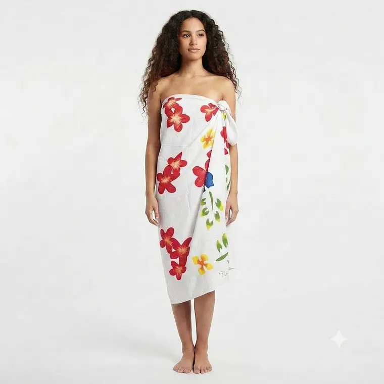 Pareo Blanco L con hibiscos colores 1,70x1,15mts 2