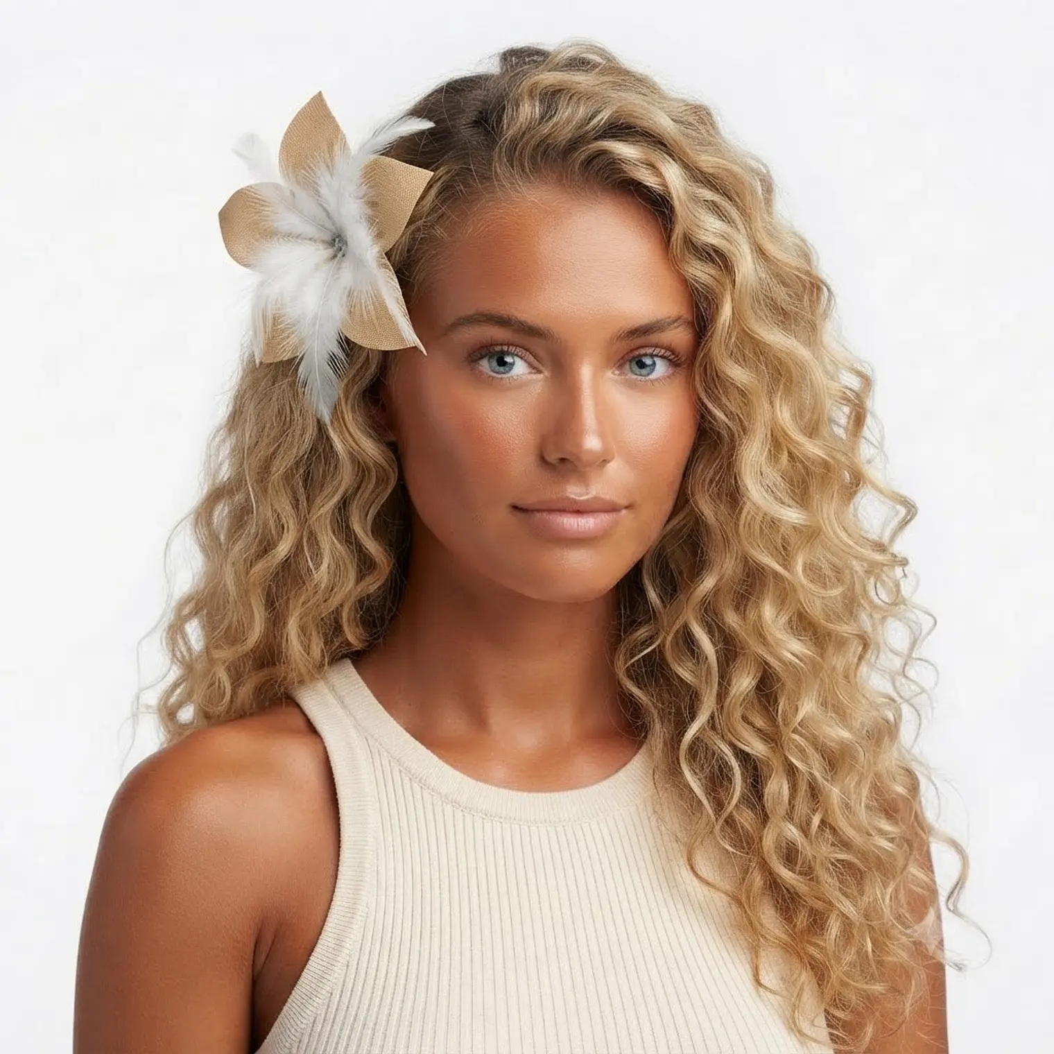 Flor Pandanus 5 petalos Con Perla Y Plumas Para El Cabello 1