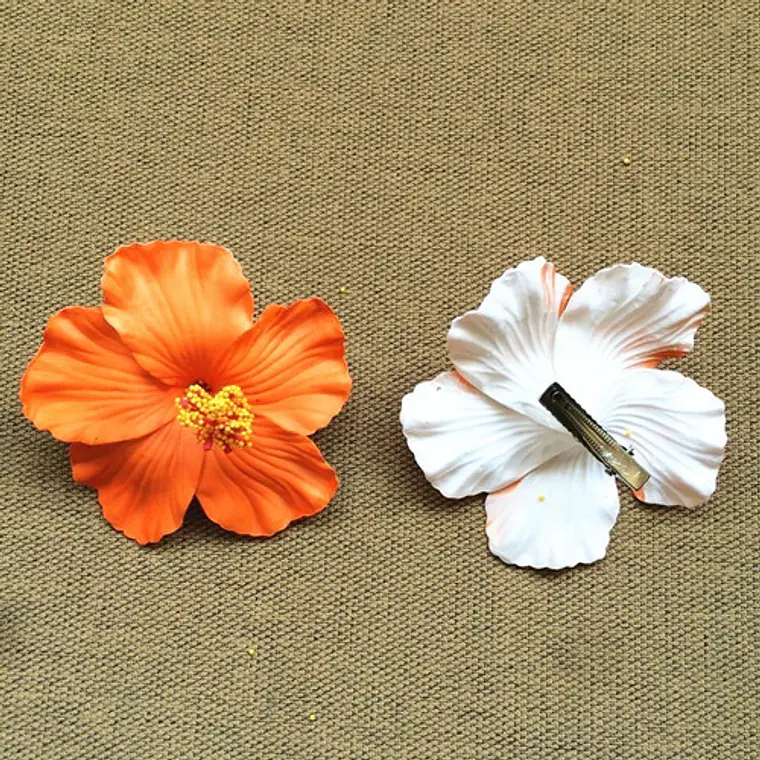 Pack 5 Flores Polinésicas Hibisco naranjo con pinza 4