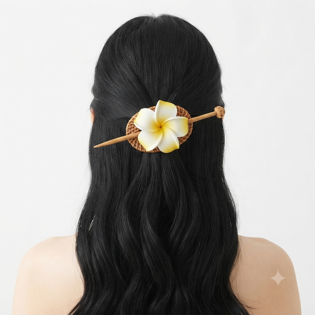 Flor Tipanie amarilla en pinza de ratan para el cabello