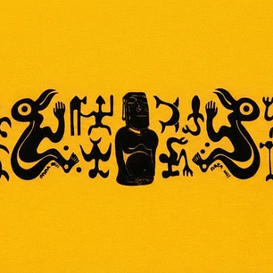 Pareo Corto Napohe amarillo Con Moai y Rongo Rongo Negro
