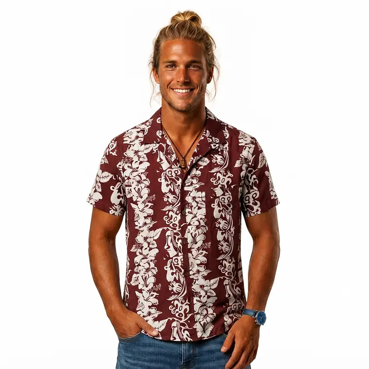 Camisa Polinesica Burdeo franja Moai 1