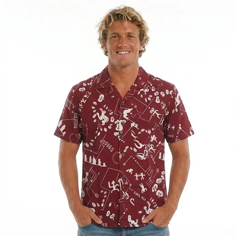 Camisa Napohe Burdeo con figuras rapa nui 1