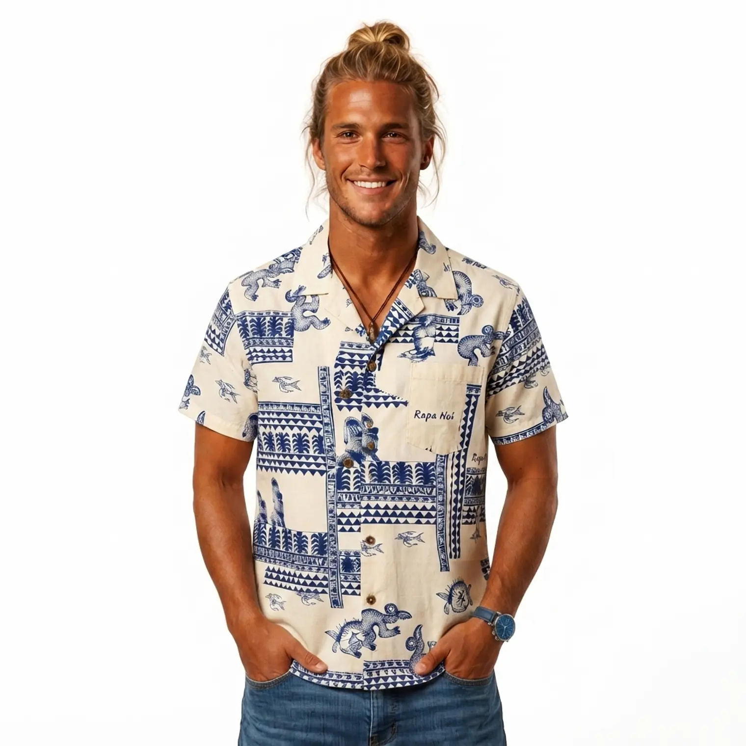 Camisa Napohe Blanca con figuras rapa nui azul 1