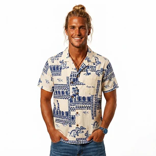 Camisa Napohe Blanca con figuras rapa nui azul