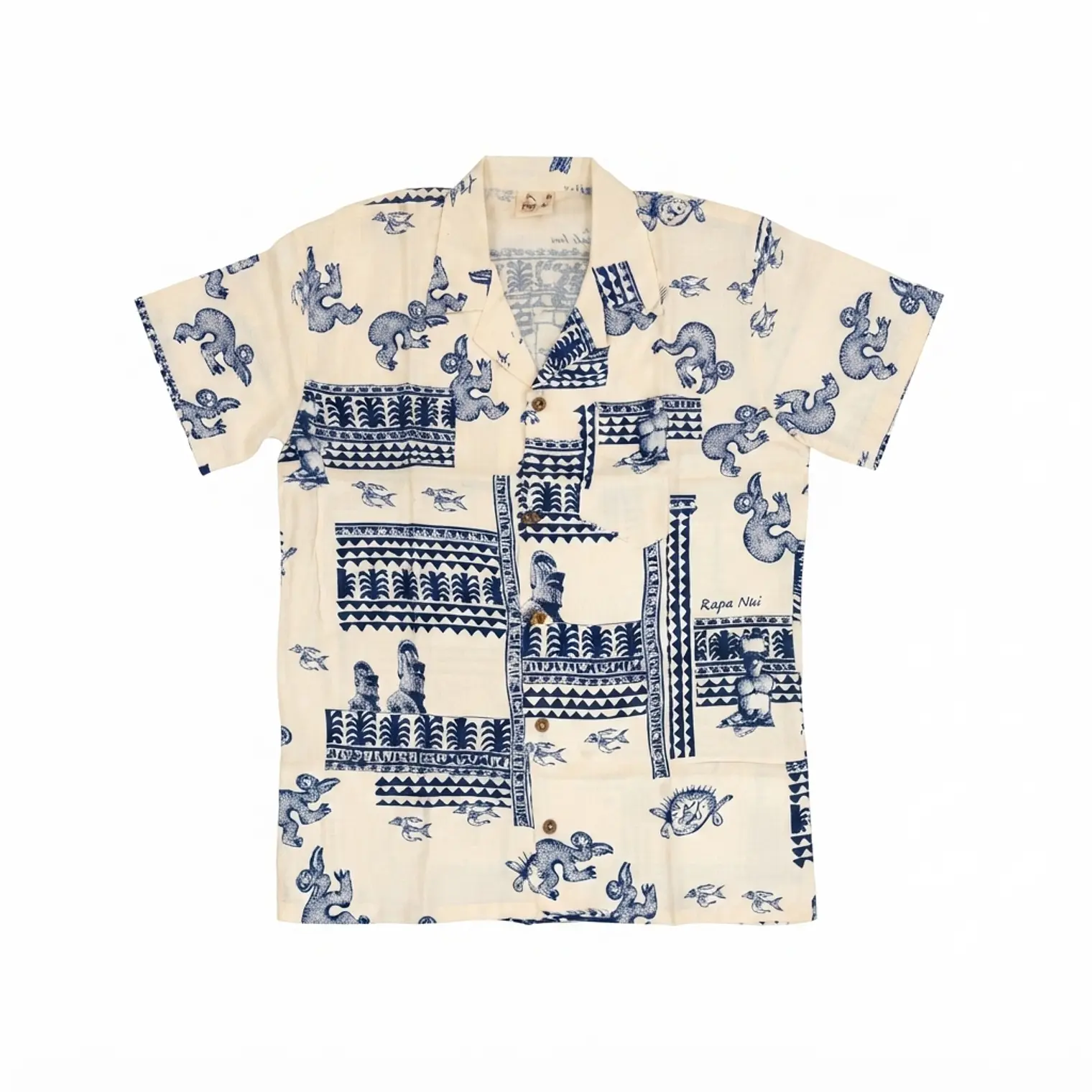 Camisa Napohe Blanca con figuras rapa nui azul 2