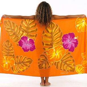 Pareo Naranjo L con 2 hibiscos fucsia 1,70x1,15mts