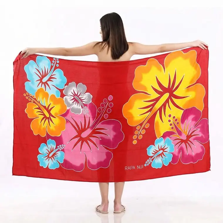 Pareo Rojo L con 8 hibiscos 1,70x1,15mts 1