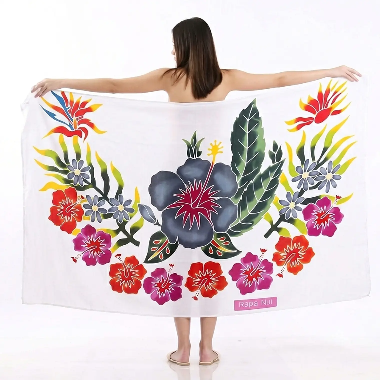 Pareo Blanco L con 1 hibisco gris derecho 1,70x1,15mts 1