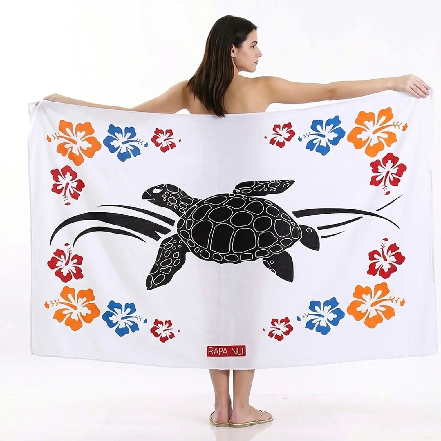 Pareo Blanco L Tortuga con hibiscos 1,70x1,15mts 1