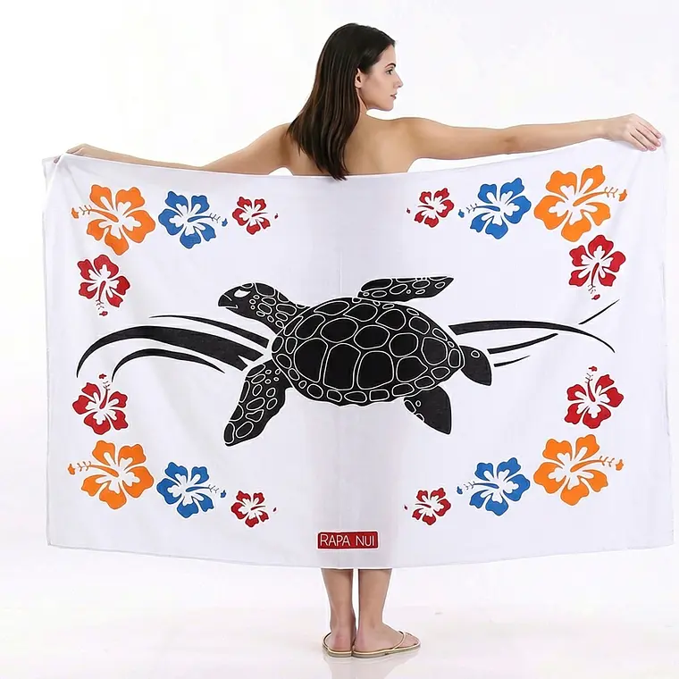 Pareo Blanco L Tortuga con hibiscos 1,70x1,15mts 1