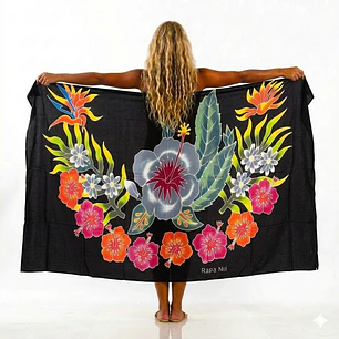 Pareo negro L con 1 hibisco gris derecho 1,70x1,15mts