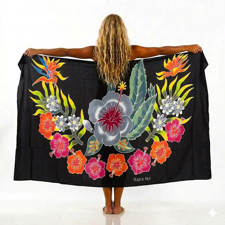 Pareo negro L con 1 hibisco gris derecho 1,70x1,15mts 1