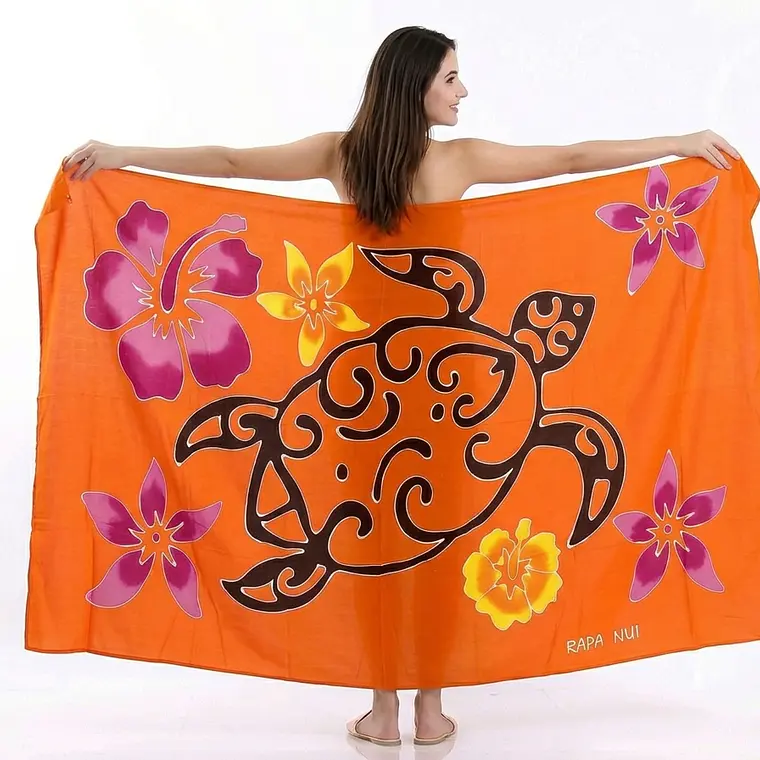 Pareo Naranjo L con Tortuga Hibisco amarillo 1,70x1,15mts 1