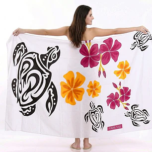 Pareo Blanco L con Tortugas flor amarillo fucsia 1,70x1,15mts