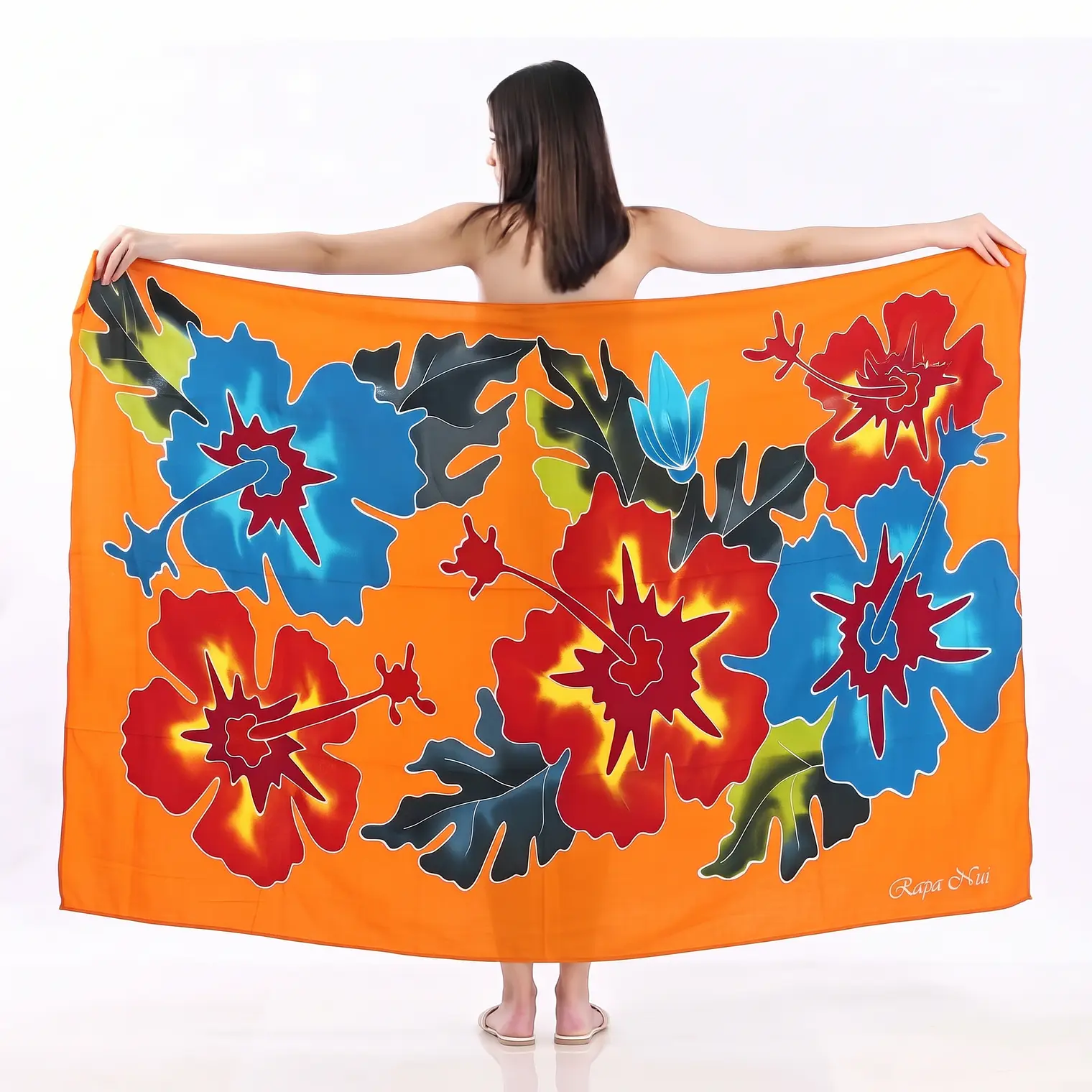 Pareo Naranjo L con 5 hibiscos azul y naranjo 1,70x1,15mts 1