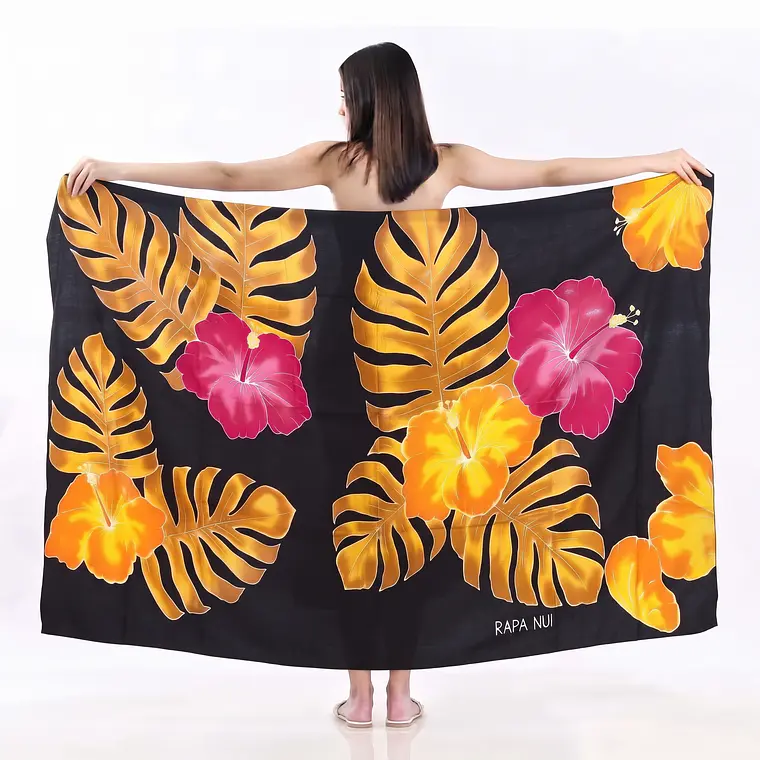 Pareo Negro L con 2 hibiscos fucsia 1,70x1,15mts 1
