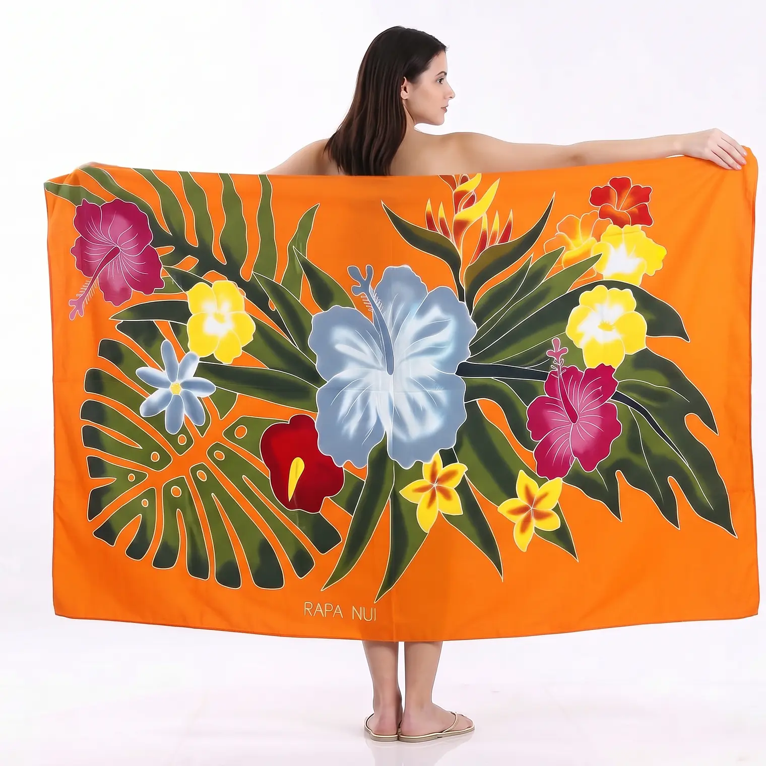Pareo Naranjo L con hibisco gris Hojas 1,70x1,15mts 1