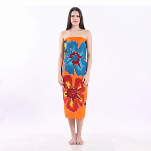 Pareo Naranjo L con 5 hibiscos azul y naranjo 1,70x1,15mts
