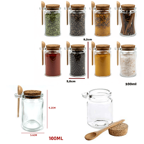 Frascos de Vidrio Transparente Tapa de Corcho más Cuchara de Madera Porcionadora.