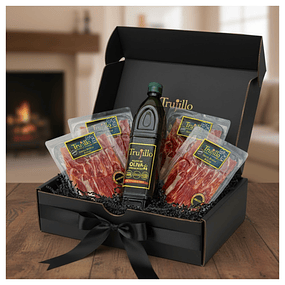 Jamón Ibérico de 100% Bellota D. O. JABUGO Etiqueta negra màs aceite de oliva 1 Litro.