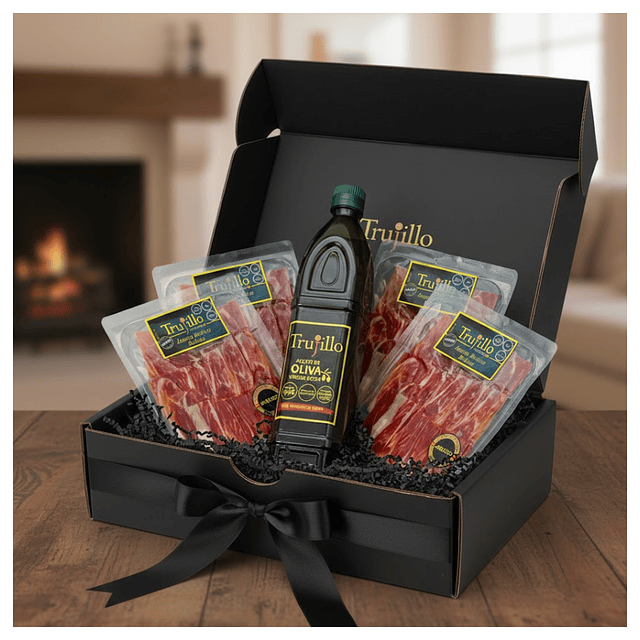 Jamón Ibérico de 100% Bellota D. O. JABUGO Etiqueta negra màs aceite de oliva 1 Litro.