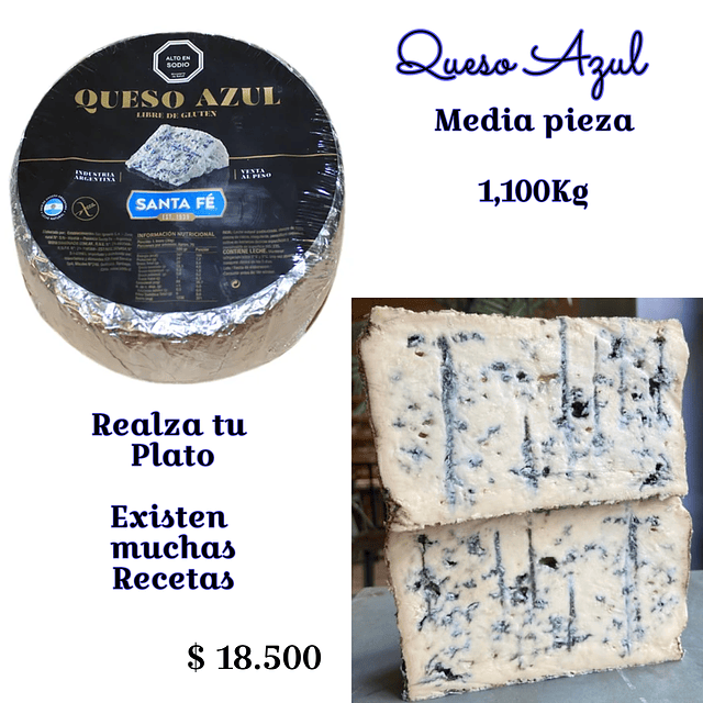 Queso Azul Roquefort Horma media pieza 1,1 Kg aprox Santa Fé Argentino.