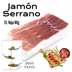 Display Jamón Serrano Laminado Etiqueta Roja 80g Minio Oliva Extra Virgen