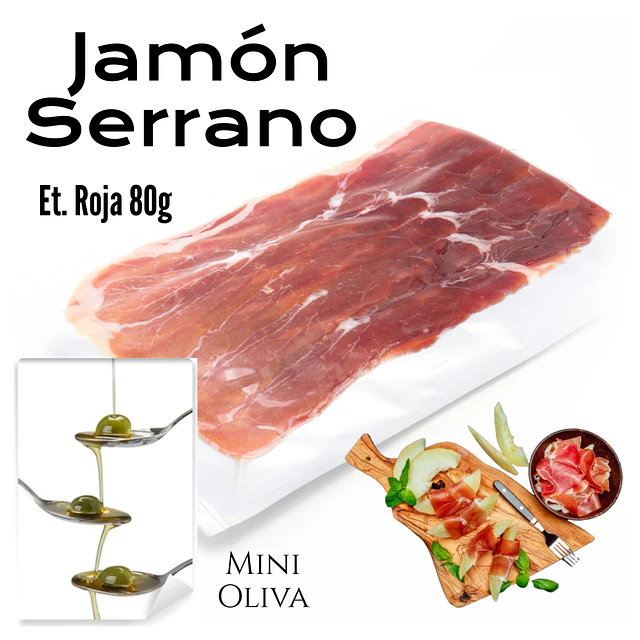 Display Jamón Serrano Laminado Etiqueta Roja 80g Minio Oliva Extra Virgen