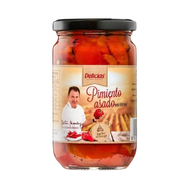 Pimiento rojo en tiras asados al fuego 300g. importados de España