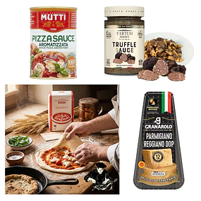 Pizza Lista con los Mejores ingrediente para Sorprender 5 Stagioni. Granarolo, Mutti, Tartufi