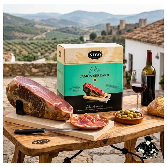 Mini Jamón Serrano + jamonero + Cuchillo Sellado al Vacio y Presentación en Caja, 900g aprox. Nico Jamón
