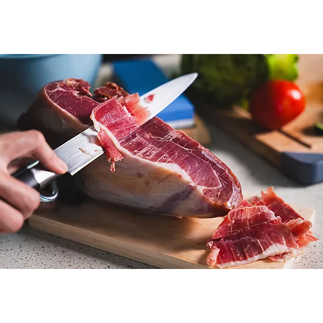 Mini Jamón Serrano + jamonero + Cuchillo Sellado al Vacio y Presentación en Caja, 900g aprox. Nico Jamón