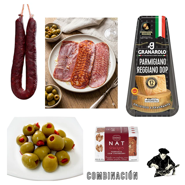 Tabla Ibérica Queso Parmigiano DOP Chorizo Español Aceituna al Pimentón Nat Craker