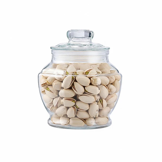 Frasco de Vidrio con pistachos y alfajor Nevares preparado en bodega 1 pack para box Raices.