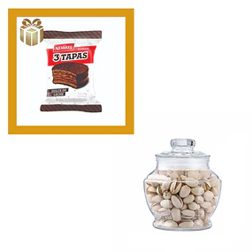 Frasco de Vidrio con pistachos y alfajor Nevares preparado en bodega 1 pack para box Raices.