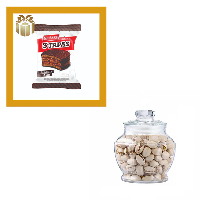 Frasco de Vidrio con pistachos y alfajor Nevares preparado en bodega 1 pack para box Raices.