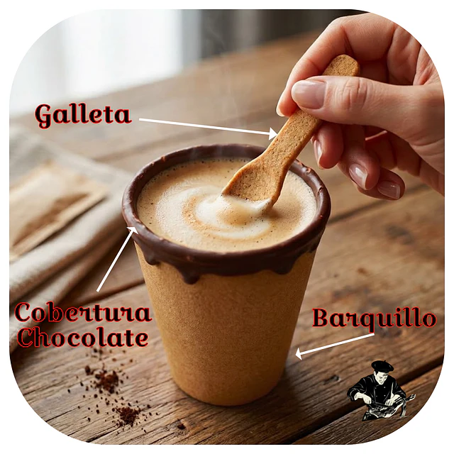 Vasos Shot de Barquillos con Relleno de Chocolate Semi Amargo Comestibles + Cucharita de Galleta