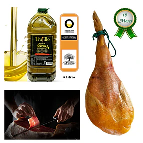 Jamón Serrano Pierna trasera etiqueta verde Reserva 7,5 kilos aprox + Aceite de Oliva Extra Virgen 5 Litros.