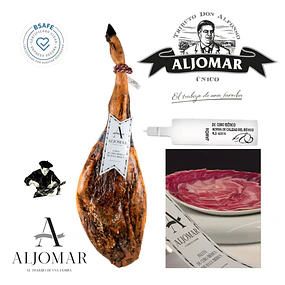 JAMÓN DE CEBO IBÉRICO 50% RAZA IBÉRICA 8 Kg CON ATRIL Y CUCHILLO EN CAJA DE REGALOS.