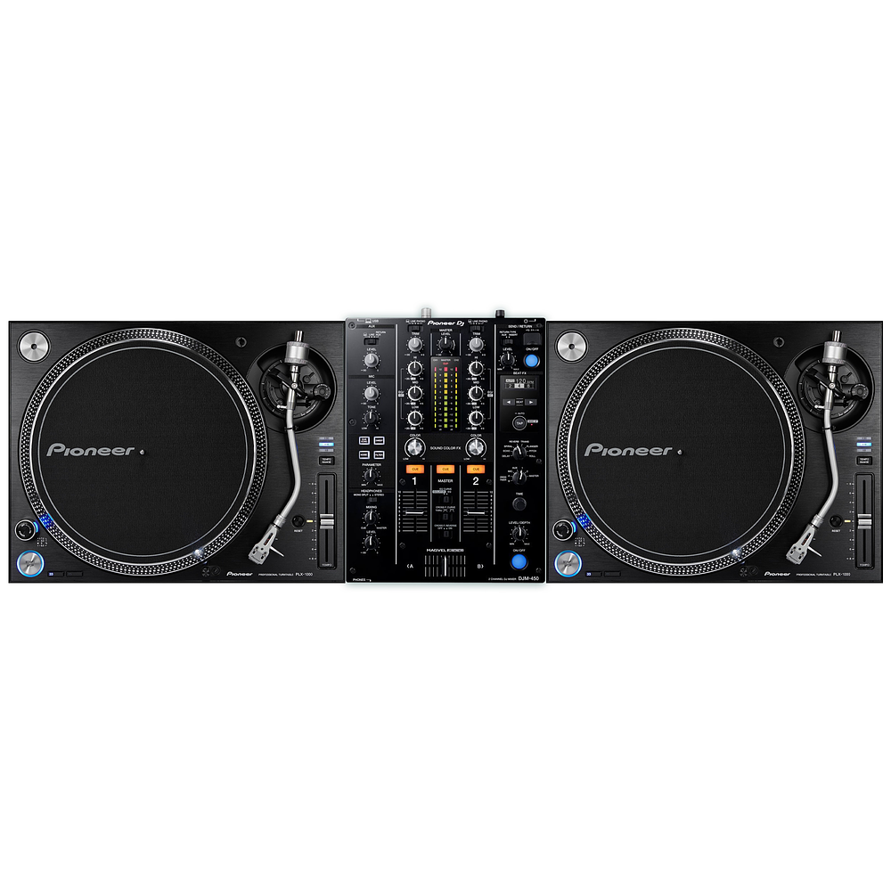 Pioneer DJ PLX 1000 Tornamesa Para Dj (2 Piezas) + DJM 450 Mezcladora Para Dj + De Regalo Pioneer Dj RB VD2 CL Vinilos de Control 2