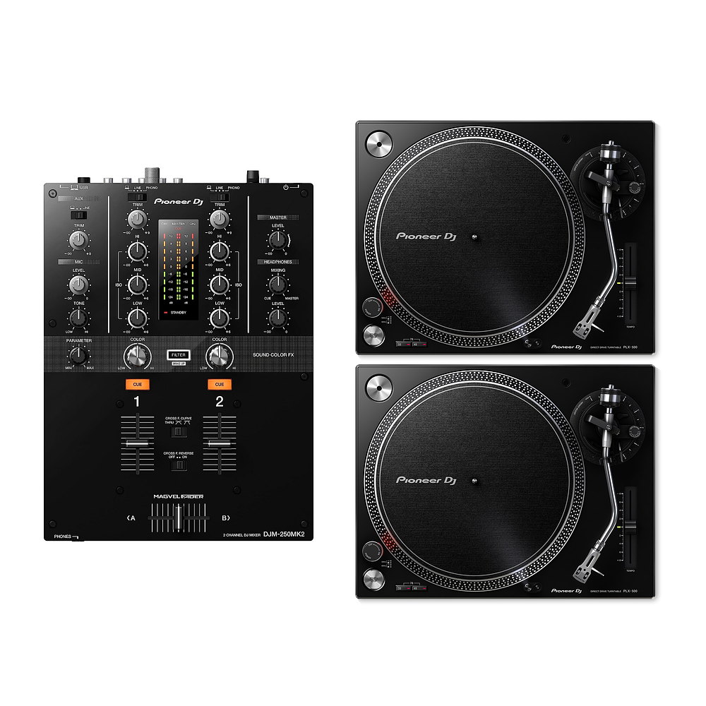 Pioneer DJ PLX 500 Tornamesa Para Dj (2 Piezas) + DJM 250 MK2 Mezcladora Para Dj + De Regalo Pioneer Dj RB VD2 CL Vinilos de Control 2