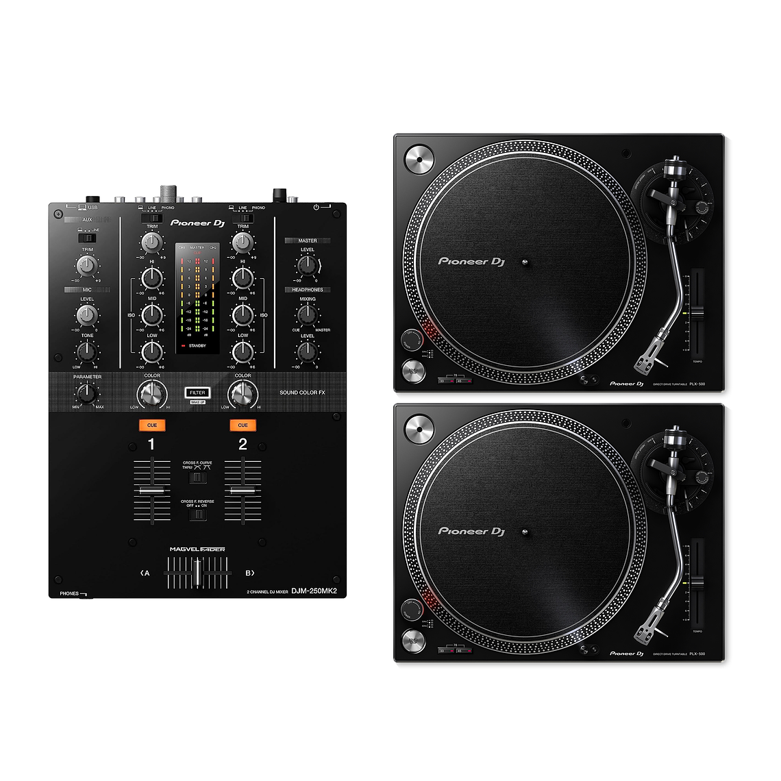Pioneer DJ PLX 500 Tornamesa para DJ (2 Piezas) + DJM 250 Mk2 Mezcladora para DJ + De Regalo Pioneer DJ RB VD2 Vinilos de Control Cabina Completa 2
