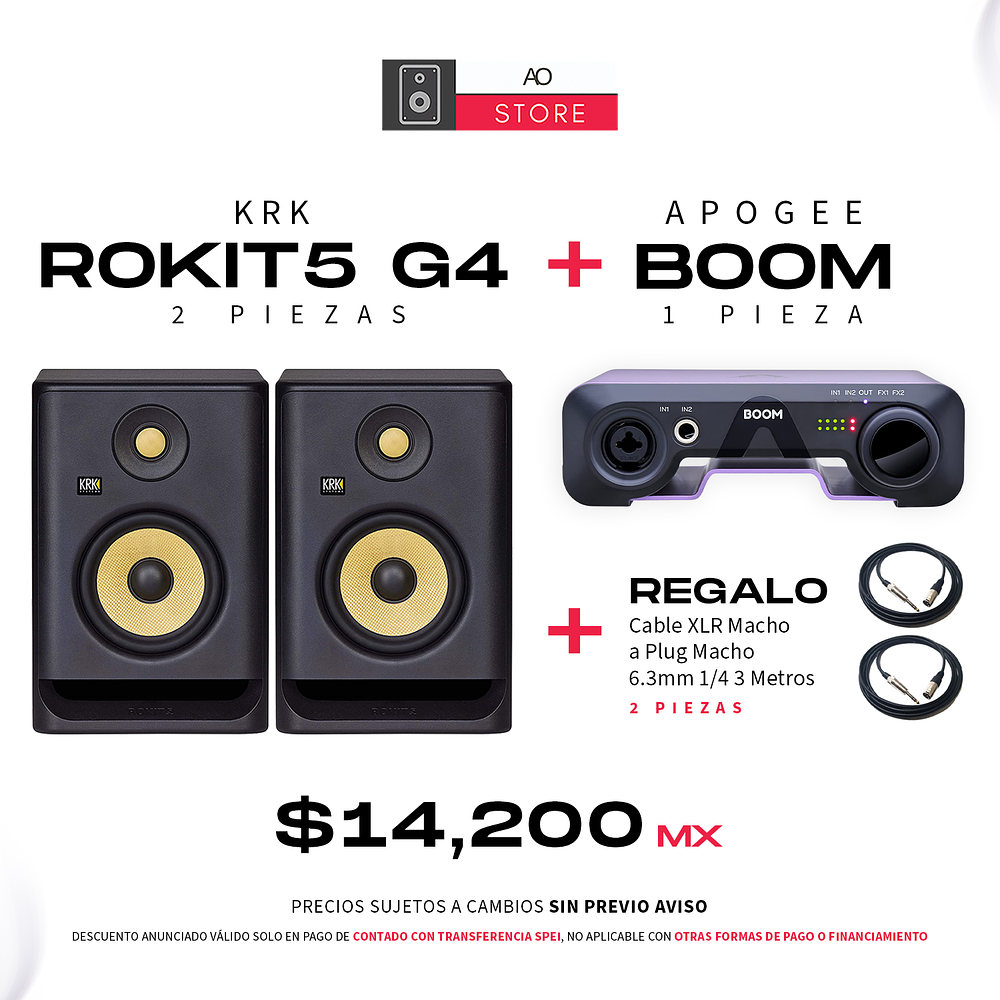 KRK Rokit RP5 G4 Monitores De Estudio (El Par) + Apogee Boom Interfaz de Audio + De Regalo Cable XLR Macho a Plug Macho 6.3 mm 1/4 3 Metros (2Pz) 1
